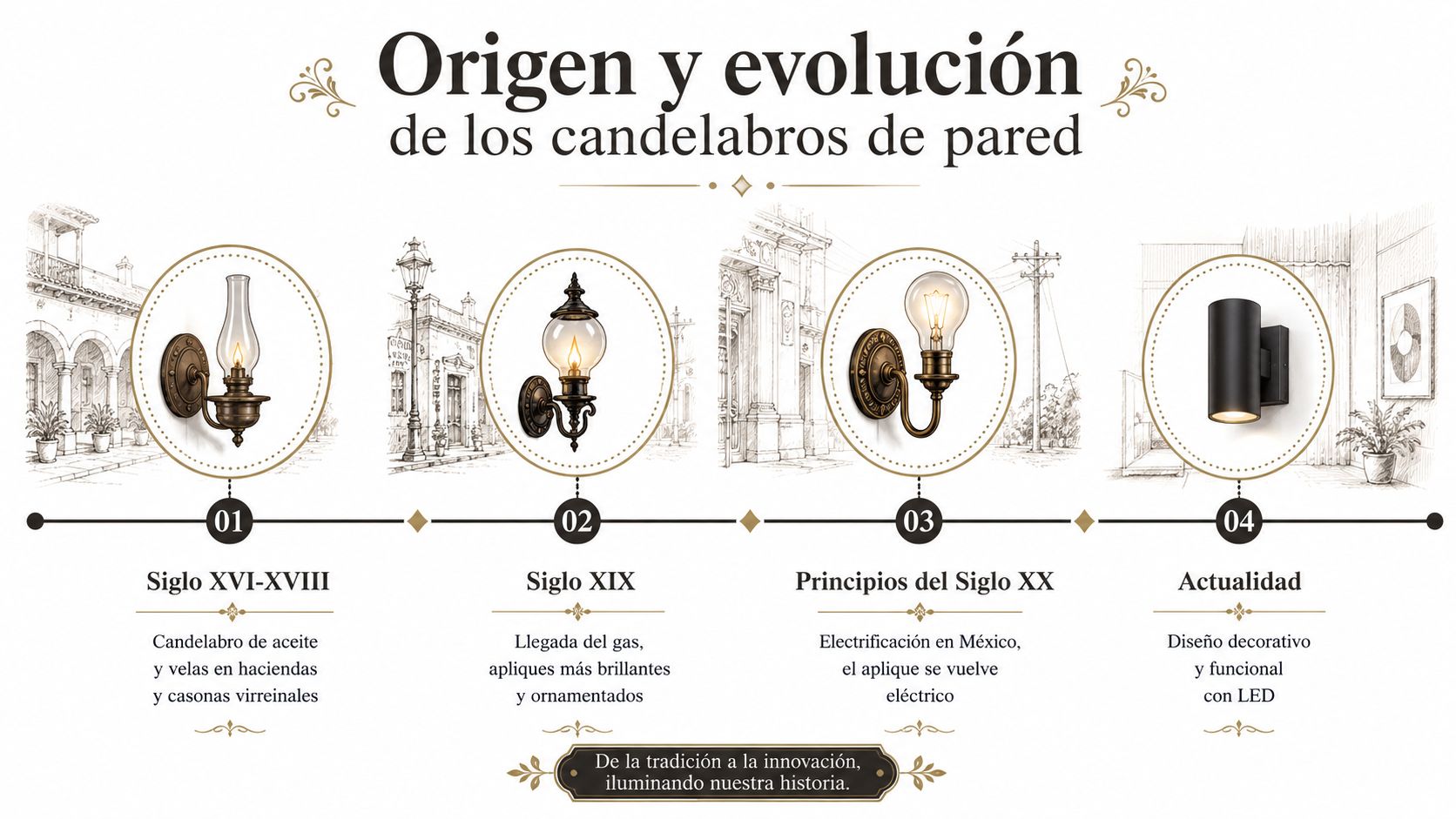 Línea de tiempo histórica que muestra la evolución de los candelabros de pared desde el siglo XVI hasta hoy.