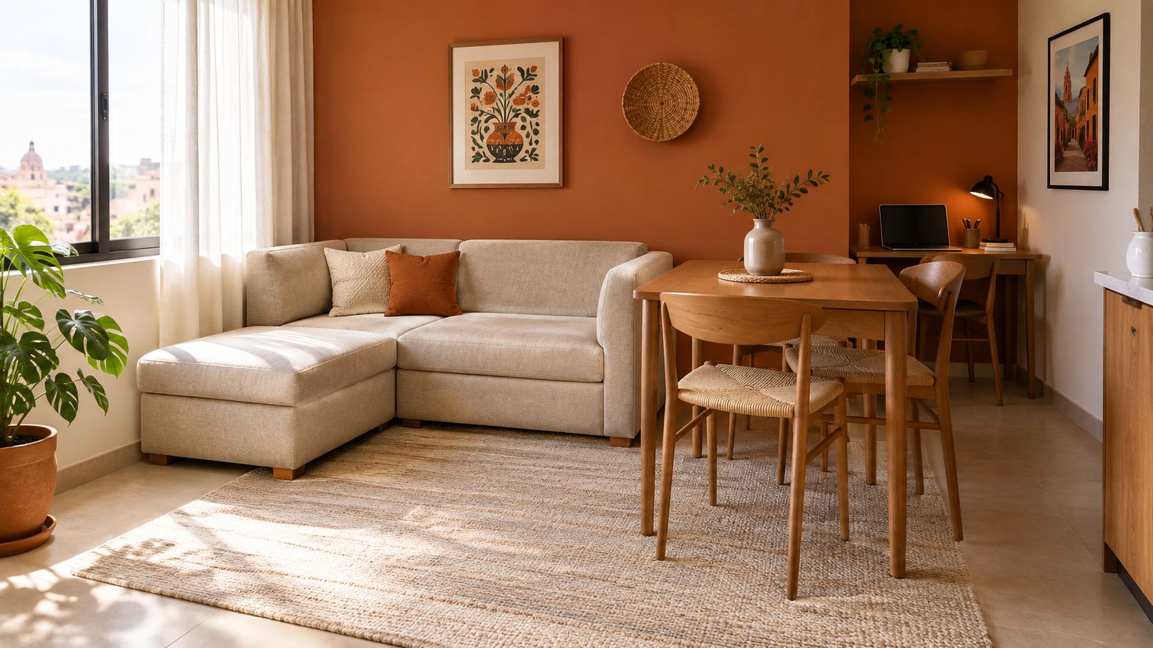 Sala pequeña con sofá esquinero beige y comedor de madera integrado en un luminoso espacio moderno.