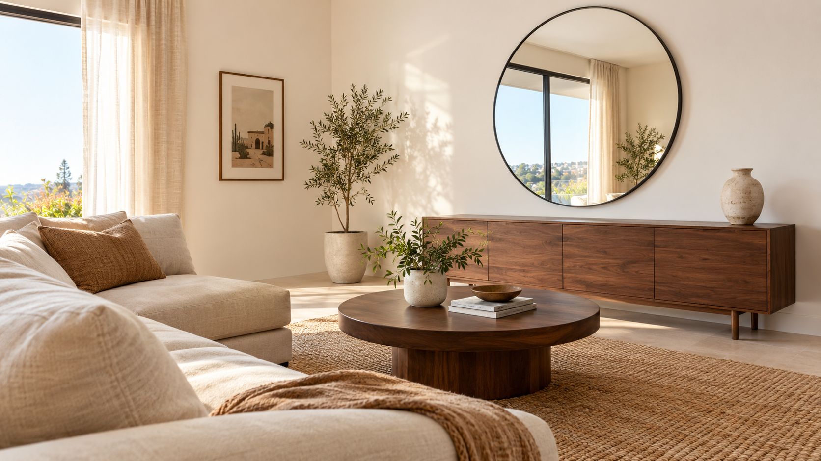 Sala de estar moderna con sofá beige, mesa de centro redonda de madera y un gran espejo circular.