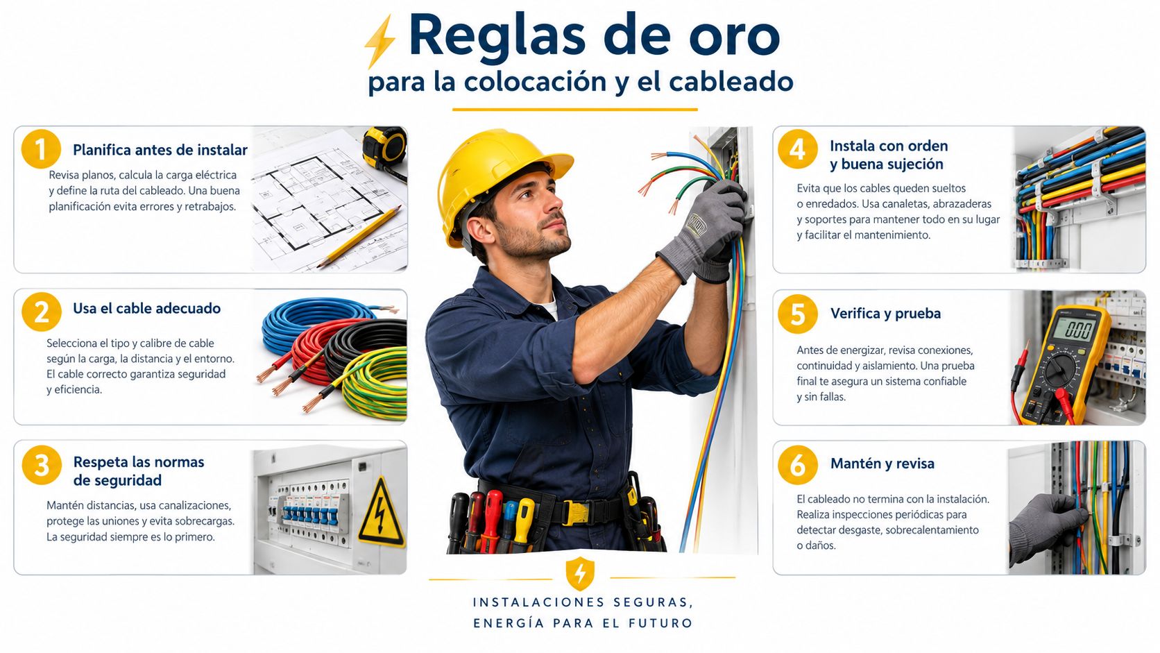Electricista profesional trabajando con cables en un panel eléctrico para asegurar una instalación segura y eficiente.
