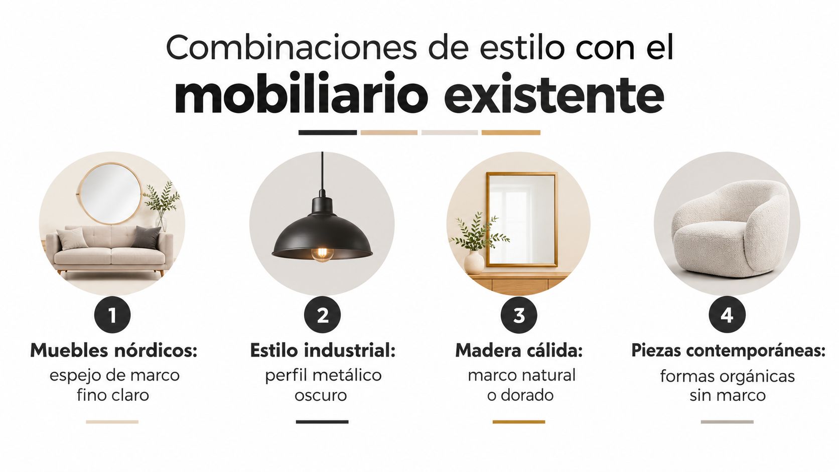 Una infografía mostrando cuatro estilos de espejos decorativos para combinar con diversos tipos de mobiliario de salón.