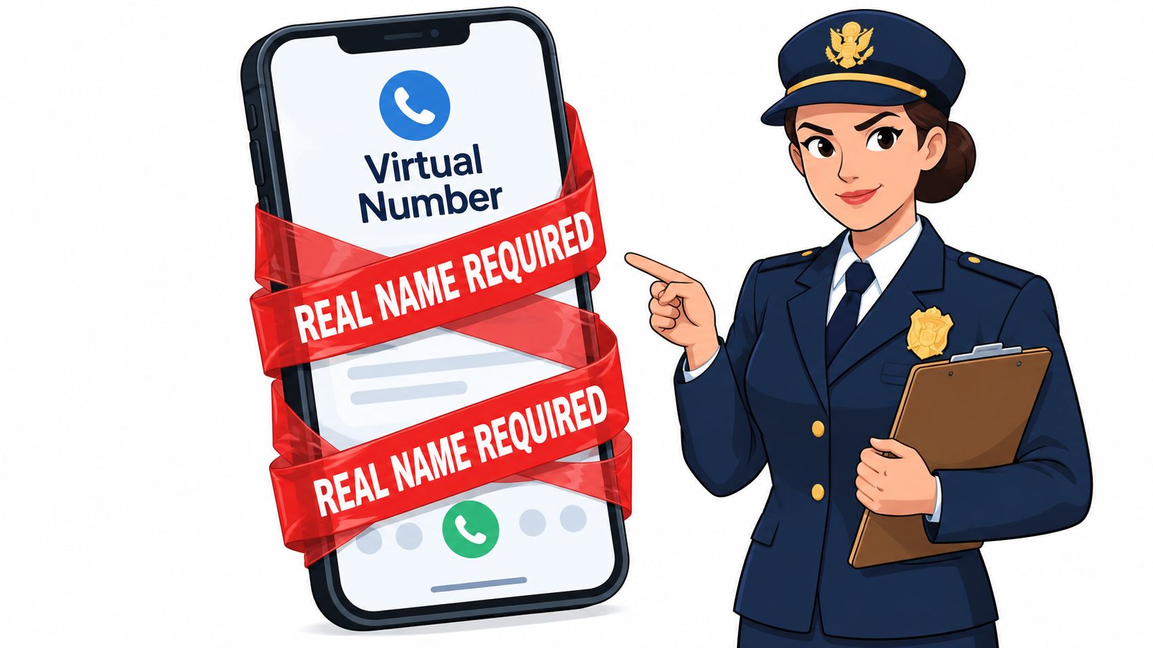 A female police officer points at a phone illustration wrapped in tape labeled real name required.