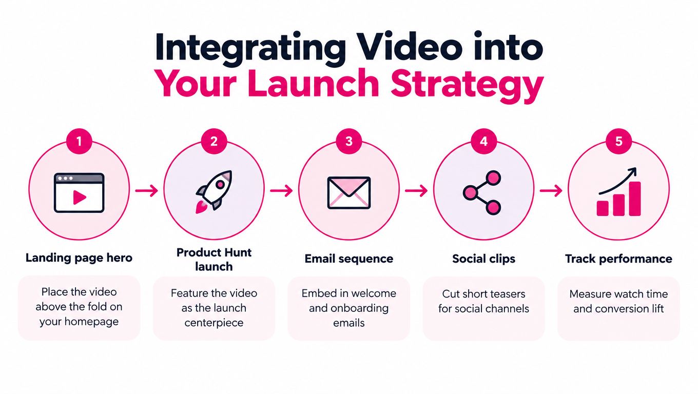 A five-step infographic showing how to integrate video content into a business product launch strategy.