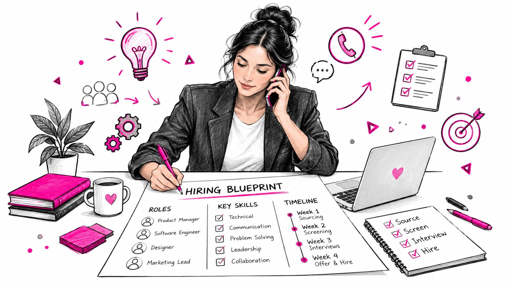 A professional recruiter sitting at her desk, reviewing a hiring blueprint document with a laptop and phone.