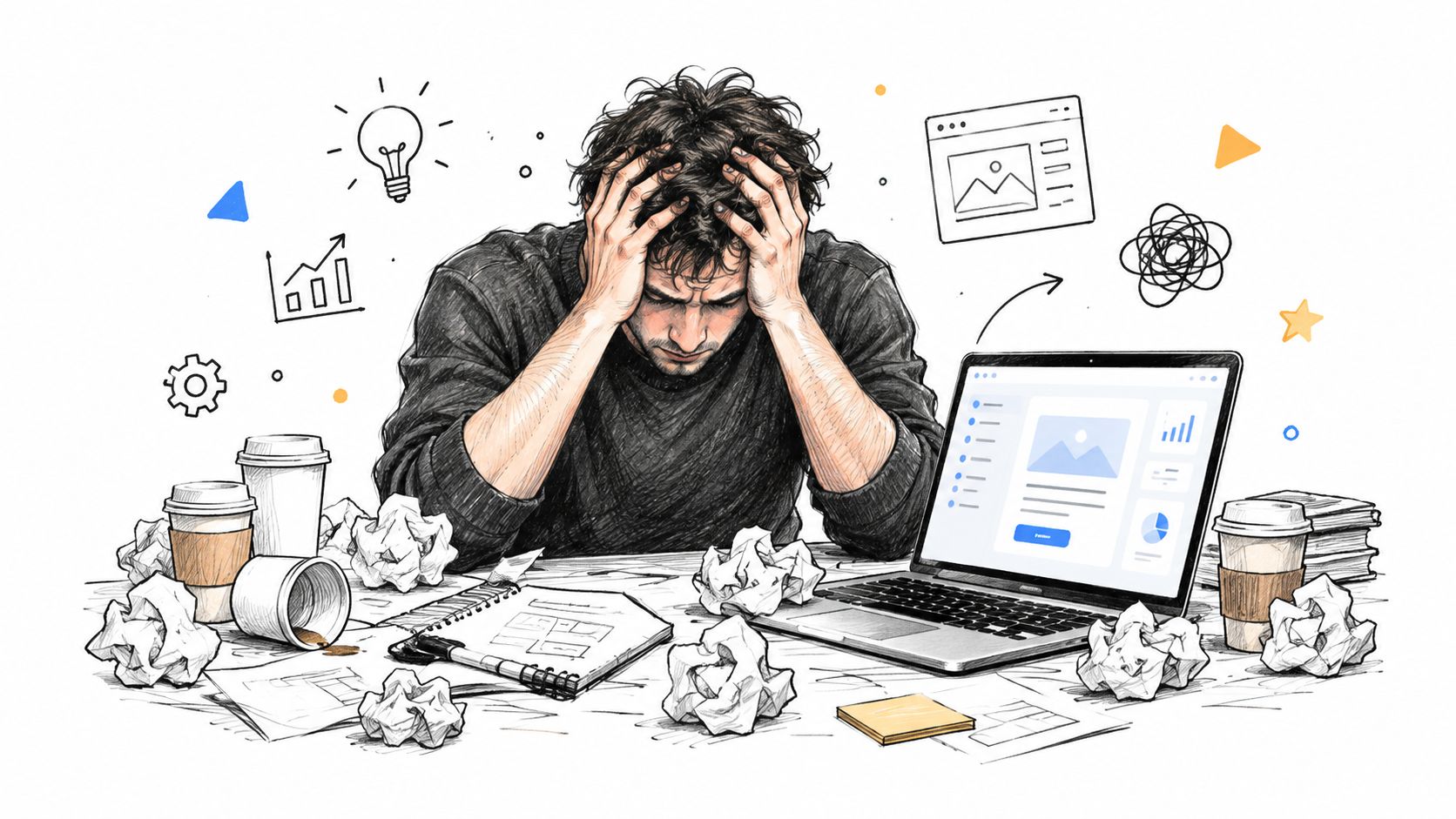 A stressed man sitting at a messy desk with a laptop, crumpled paper, and coffee cups.