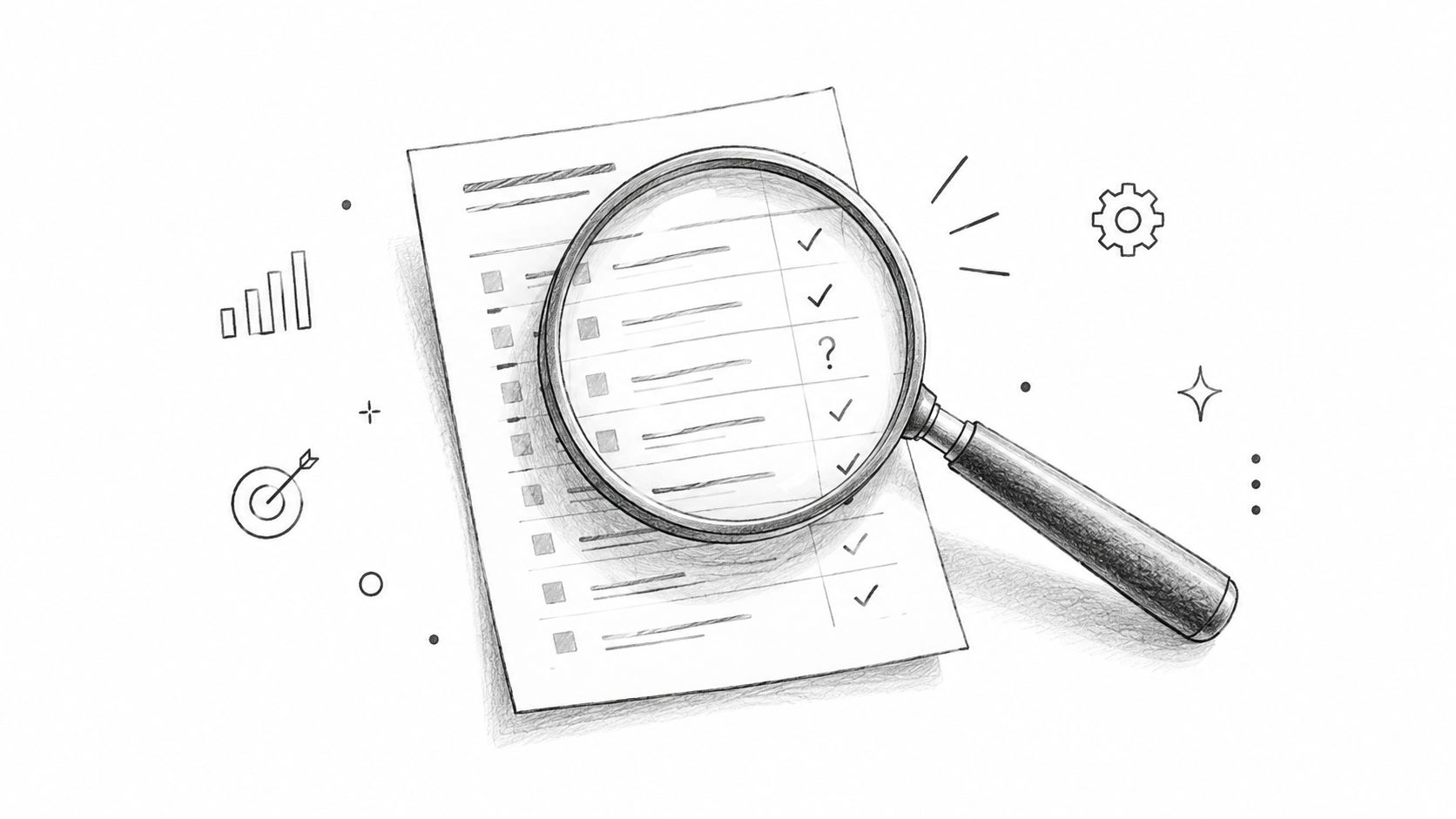 A hand-drawn sketch of a magnifying glass positioned over a checklist with various checkmarks and a question mark.