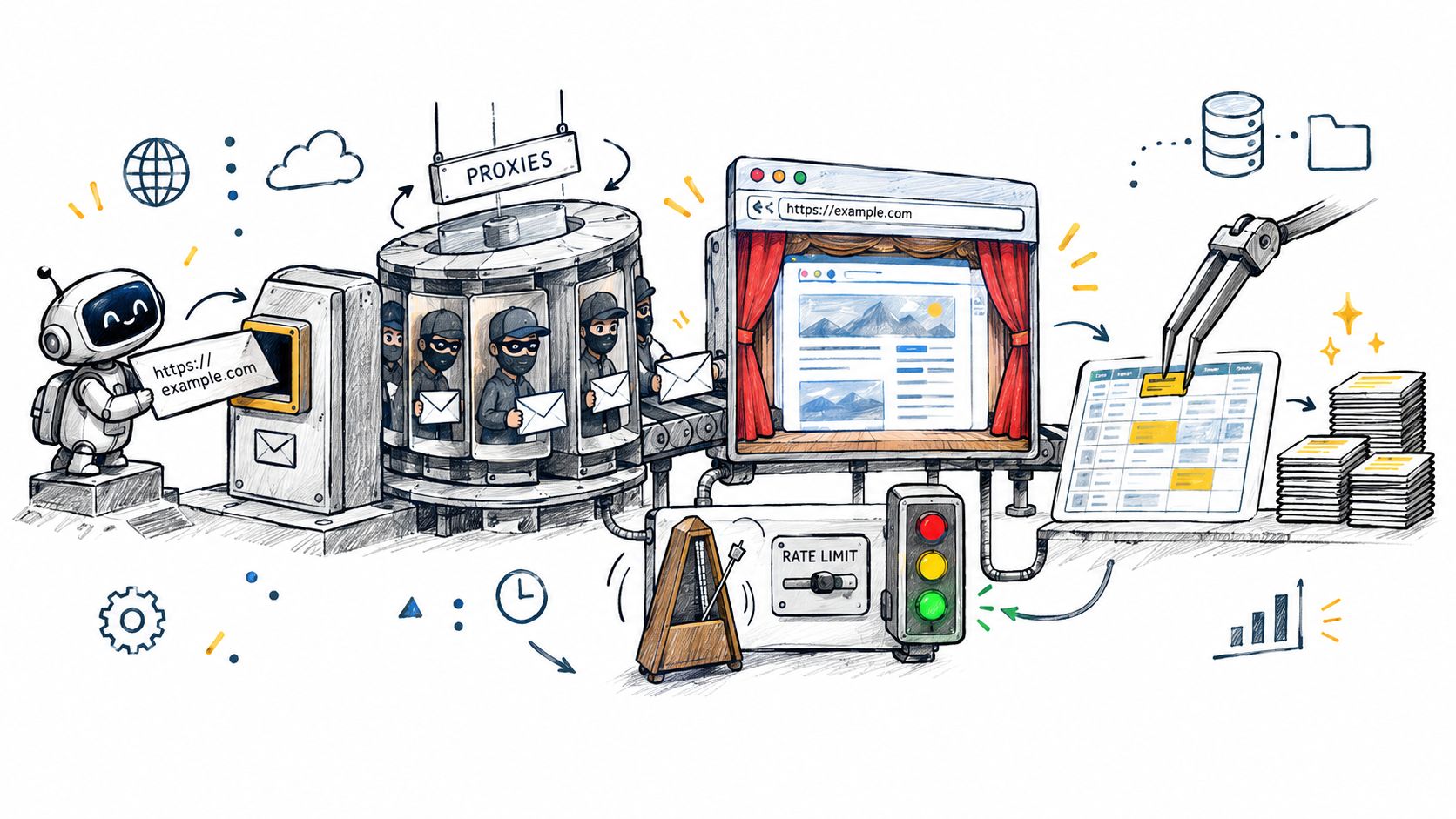 A conceptual illustration of a web scraping process using proxies, automation, and data extraction into a database.
