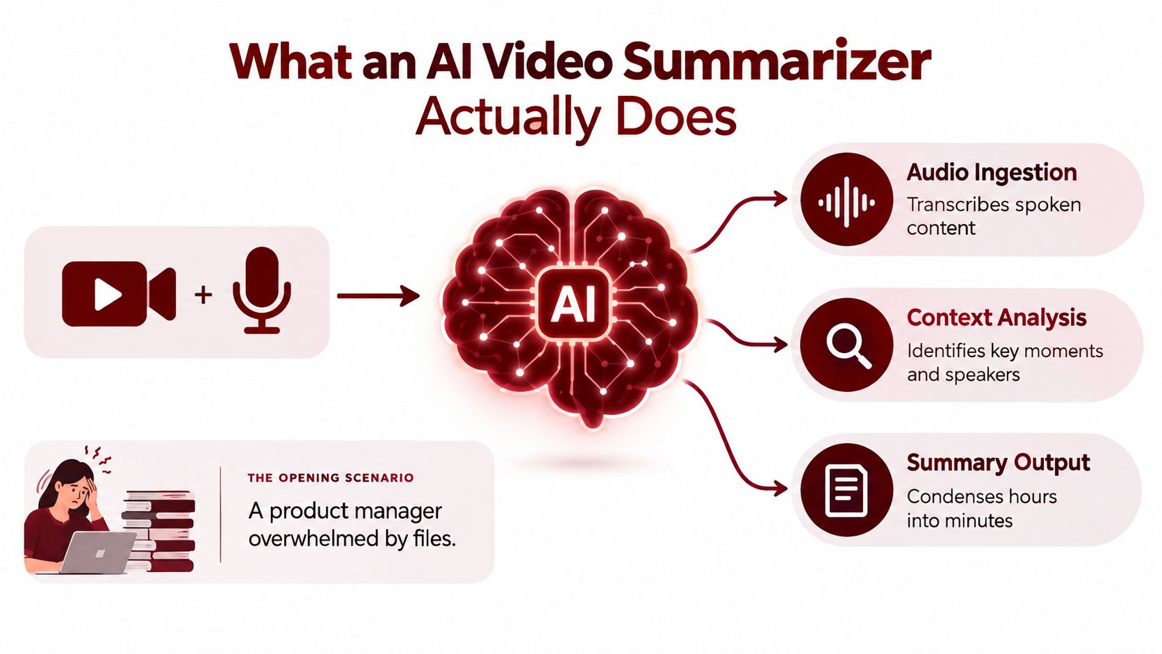 An infographic illustrating how an AI video summarizer process works from audio ingestion to summary output.