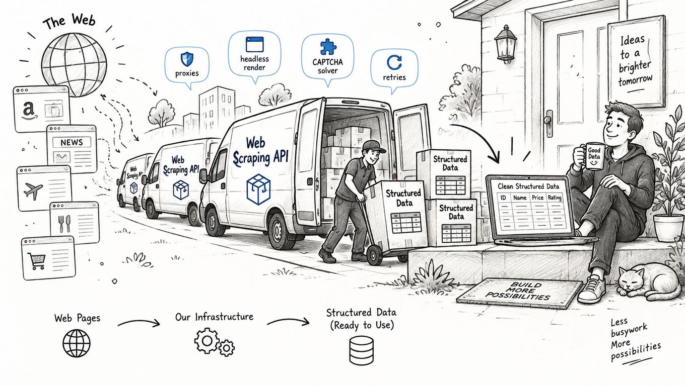 A conceptual illustration showing a delivery service for efficient web scraping API data processing and automation.