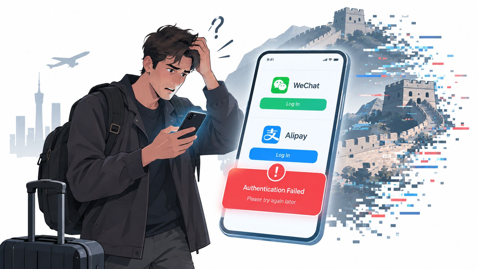 A confused traveler in China facing authentication errors while trying to use WeChat and Alipay mobile apps.