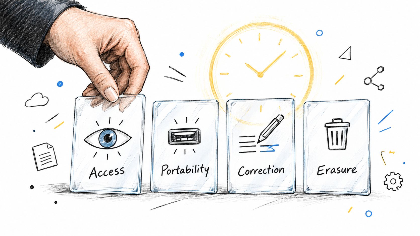 A hand placing a card labeled Access next to cards for Portability, Correction, and Erasure, representing data rights.
