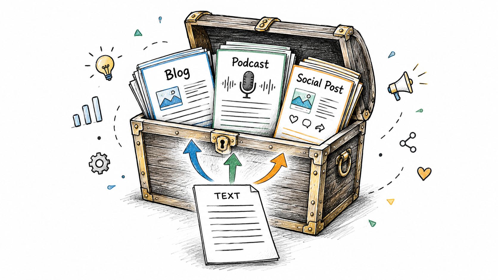 A digital illustration showing a treasure chest containing blog, podcast, and social media content created from text.