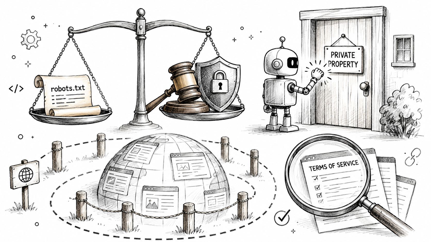 A pencil sketch illustrating web scraping ethics with a balance scale, a robot knocking, and legal documents.