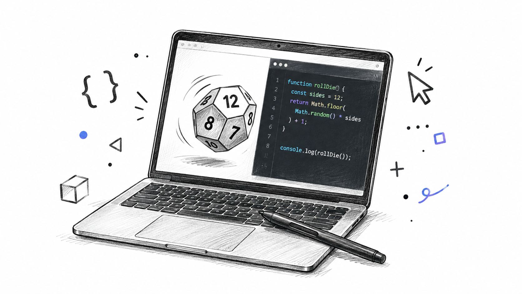 A hand-drawn illustration of a laptop displaying a JavaScript function for a twelve-sided dice roller program.