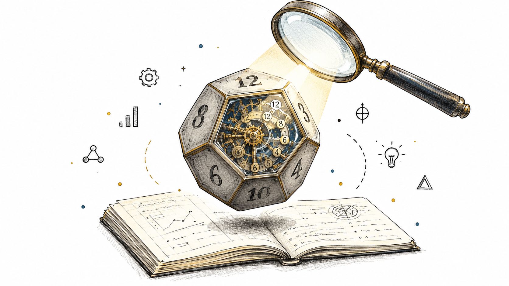 A detailed 12-sided die with clockwork gears inside, floating above an open book under a magnifying glass.