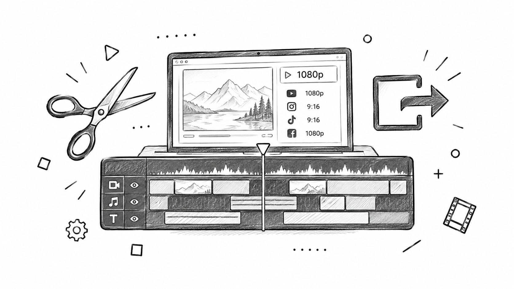 A hand-drawn sketch showing a laptop with video editing software, a timeline, scissors, and an export icon.