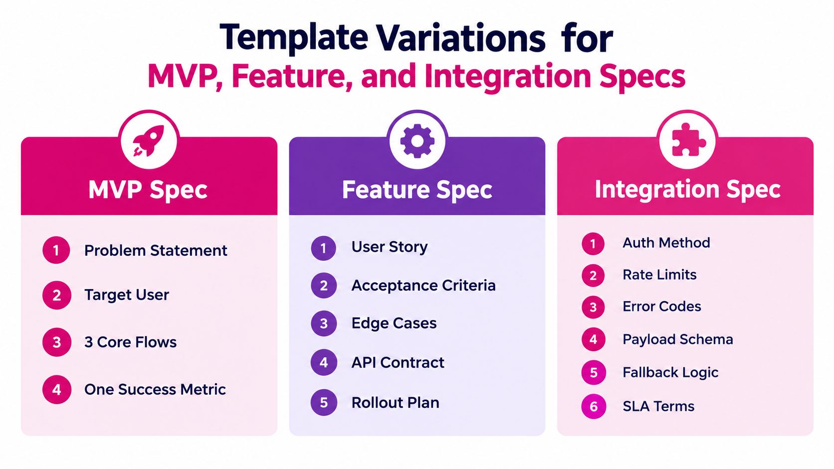 A graphic showing template variations for MVP, Feature, and Integration specifications with numbered lists for each.