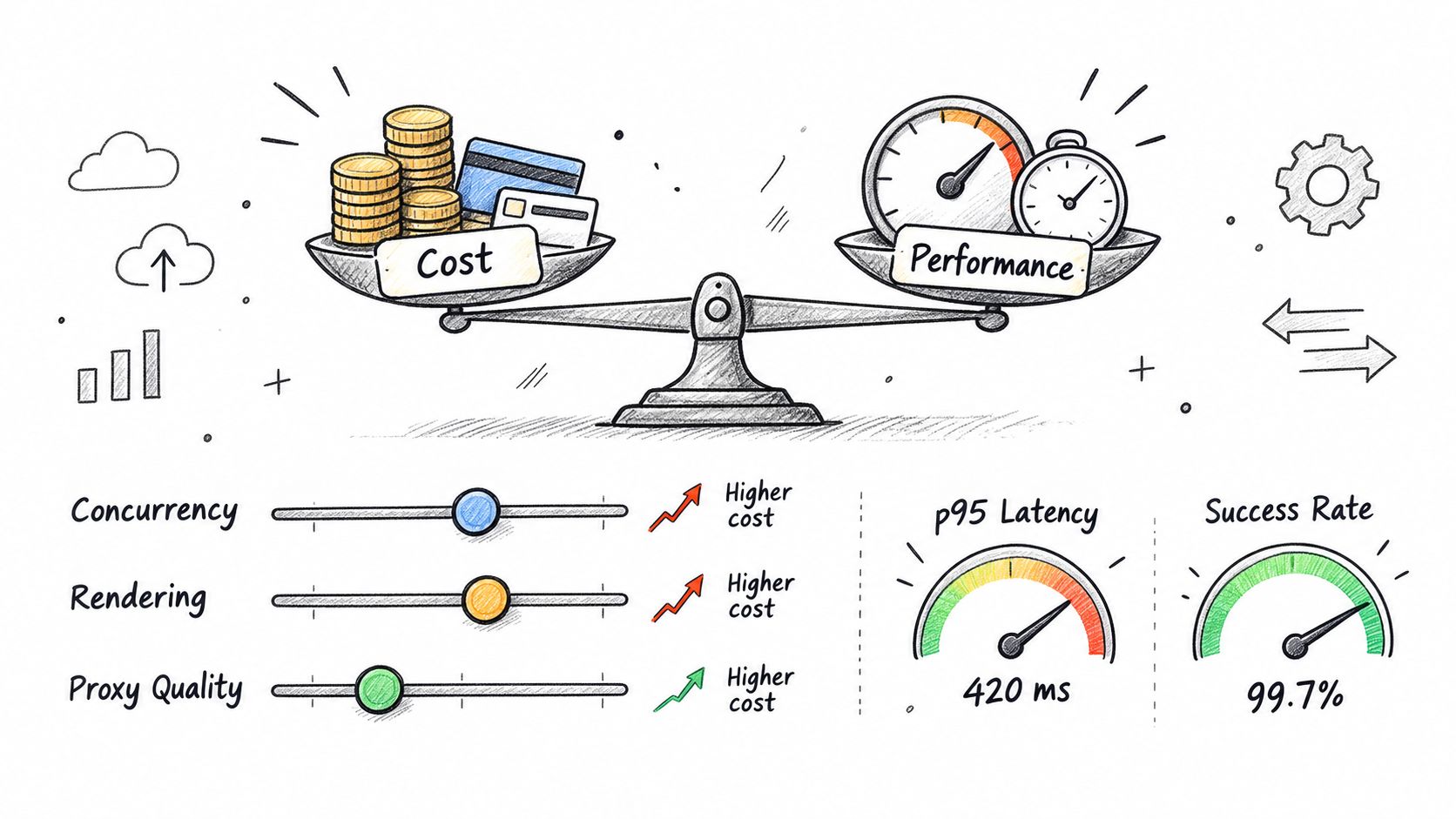 A hand-drawn illustration showing a balance scale between cost and performance for web scraping APIs.