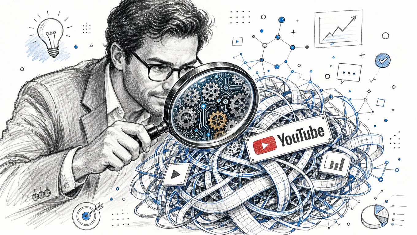 A professional man uses a magnifying glass to analyze a complex schematic related to YouTube video content.