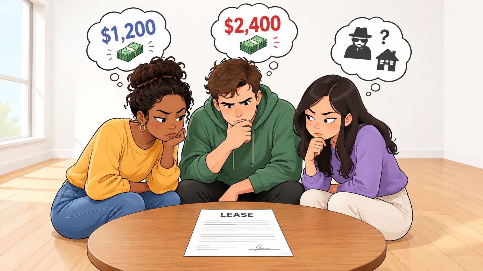 Three concerned young adults sit around a lease document, thinking about rent costs and potential housing fraud.