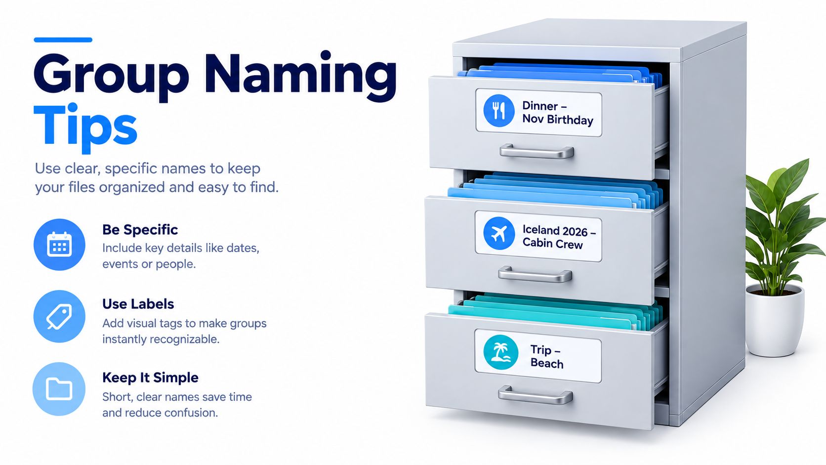 A filing cabinet with labeled drawers representing organized digital groups for better file management and productivity.