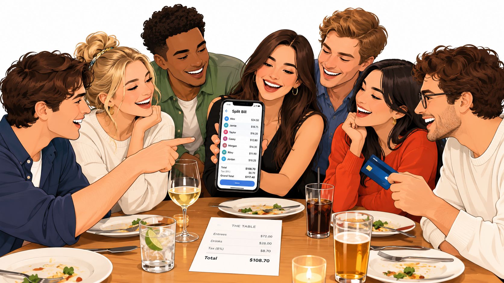 A group of friends laughing while using a smartphone app to split their dinner bill at a restaurant.