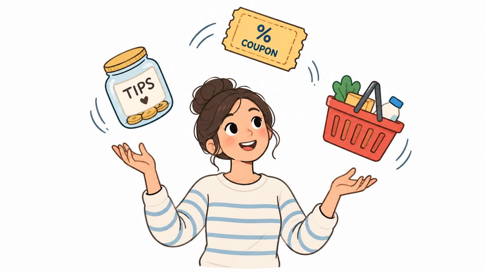A young woman balancing a tips jar, a discount coupon, and a shopping basket of groceries.