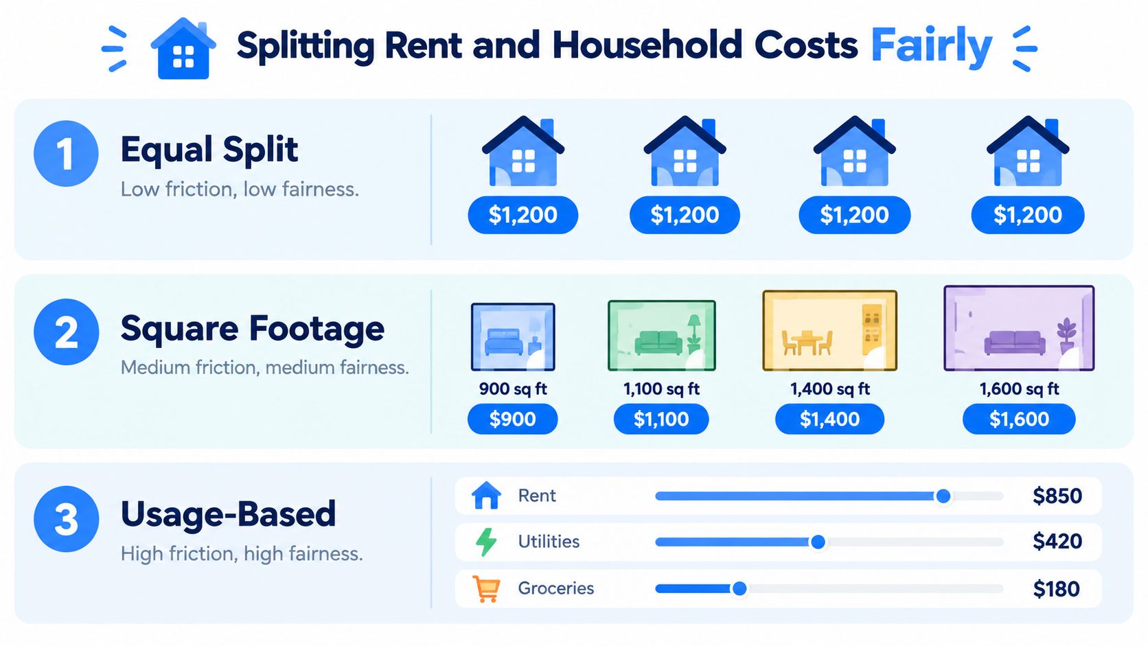 An infographic illustrating three different methods for splitting rent and household costs fairly between roommates.