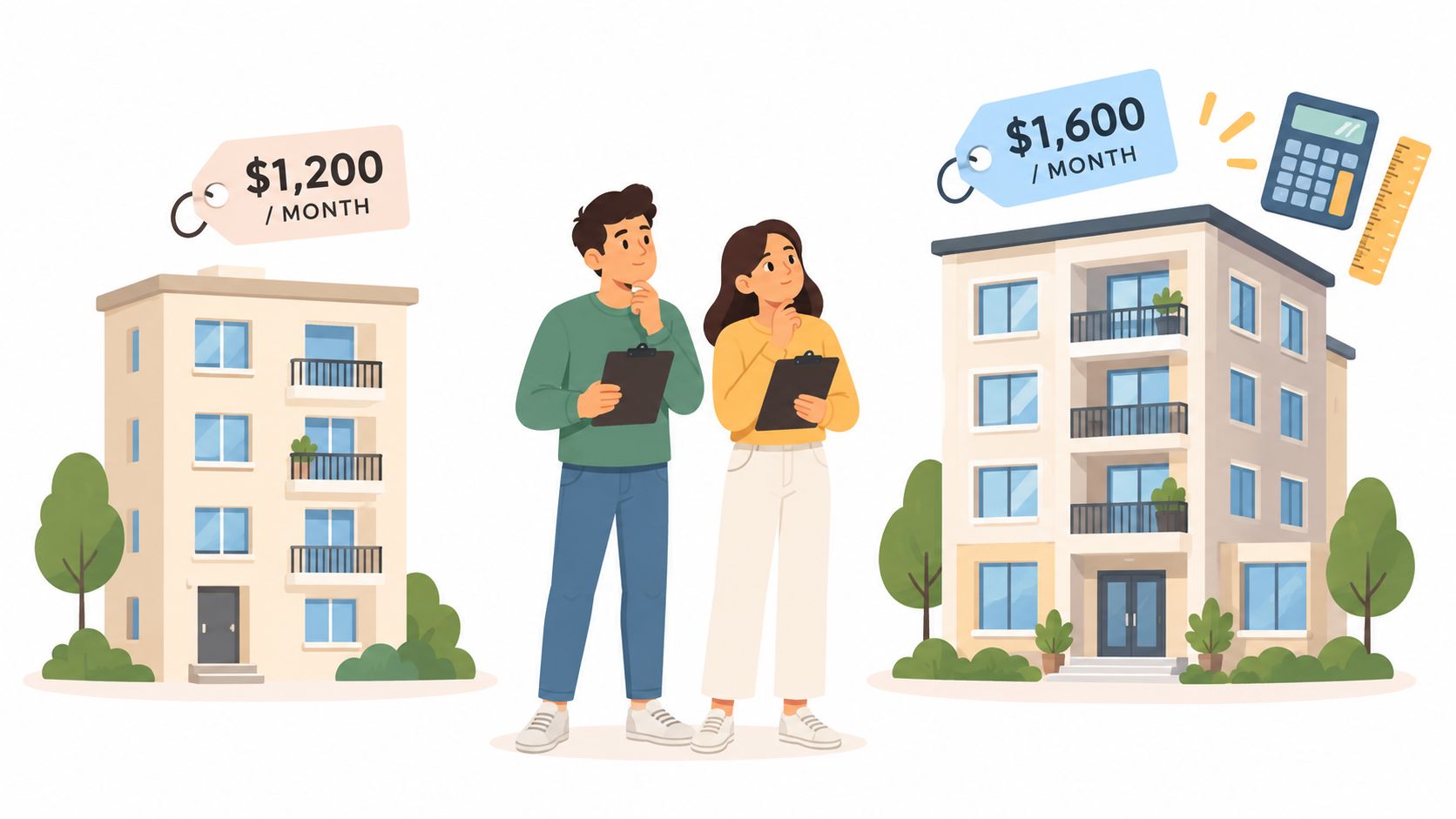 A couple considering two different apartment buildings with rental prices displayed above them for comparison.