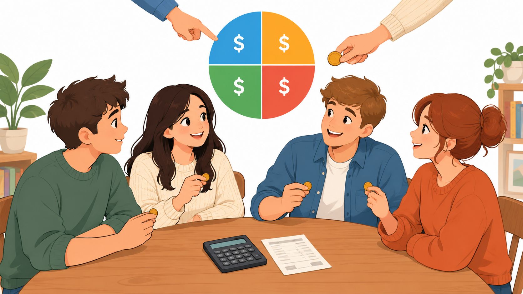 A group of young people sitting around a table calculating finances with a calculator and coins.