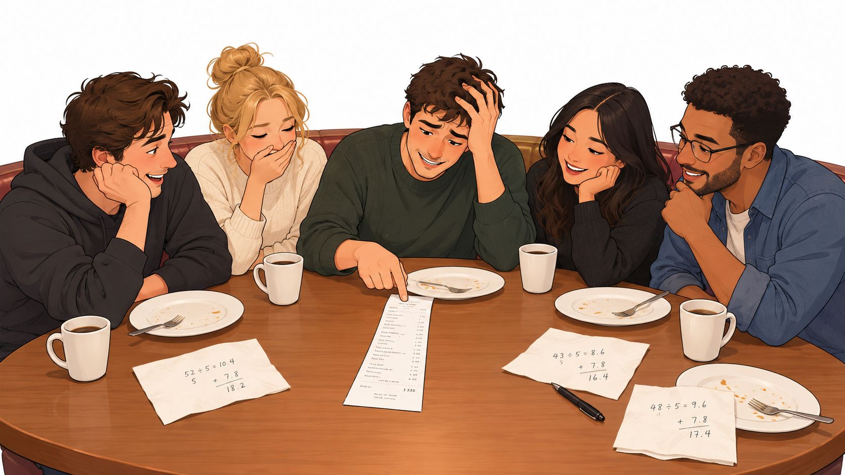 A group of friends sitting at a restaurant table, laughing while calculating the bill together.