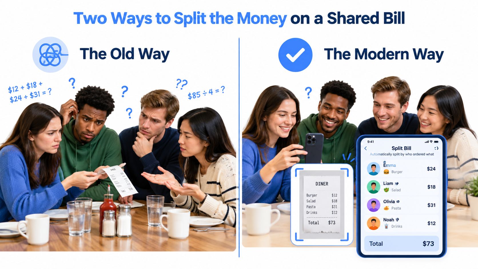 A comparison showing friends stressed by manual bill splitting versus using a convenient digital finance application.