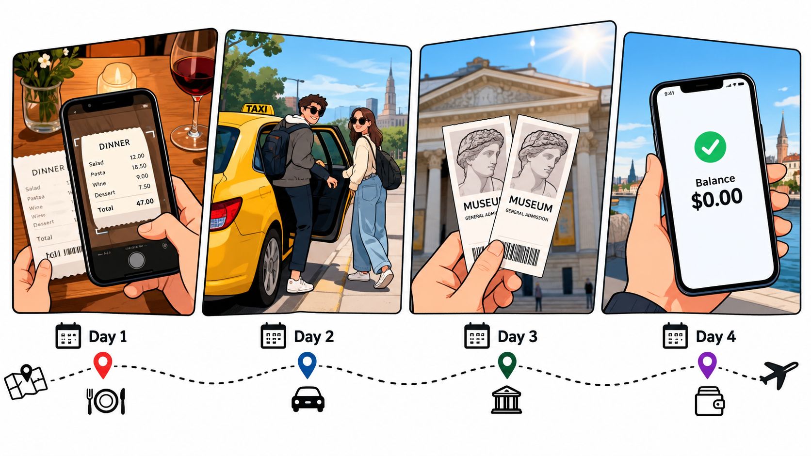 A four-panel infographic showing a travel timeline with dinner, taxi rides, museum visits, and cleared finances.