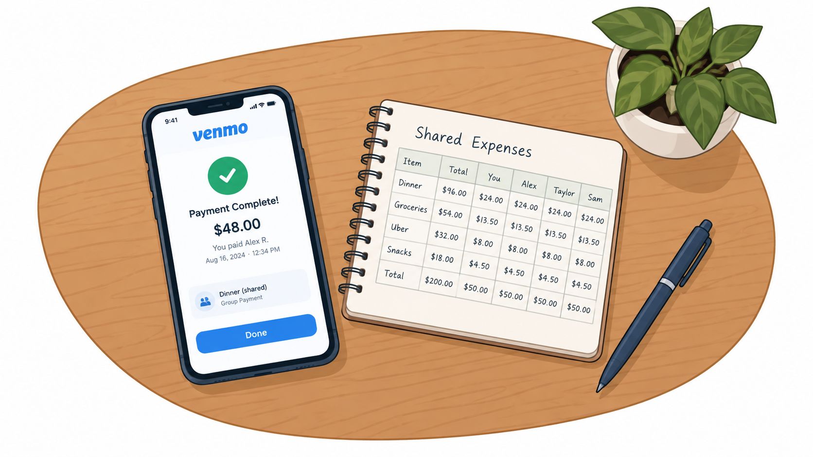 A smartphone showing a Venmo payment confirmation next to a notebook with a shared expenses table.