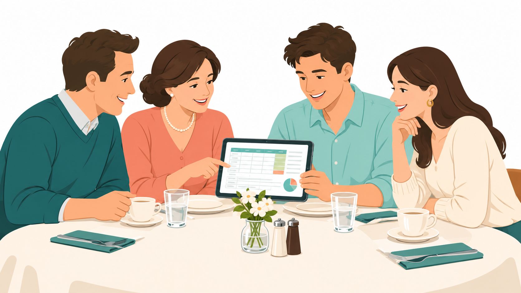 A group of four friends discussing financial plans or schedules on a tablet during a dinner meal.