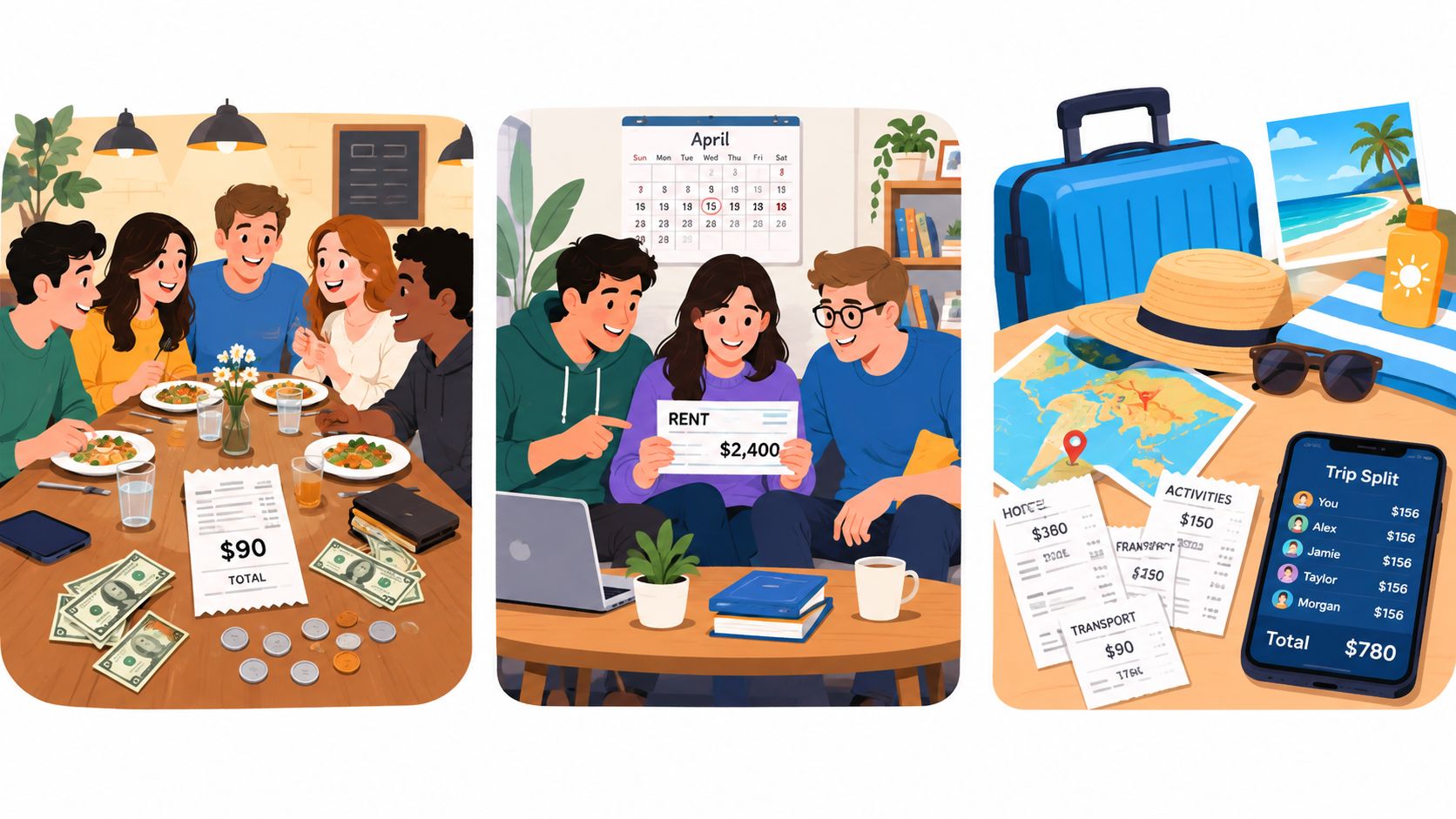 Three illustrations showing friends splitting expenses for dinner, rent, and vacation costs using a mobile app.