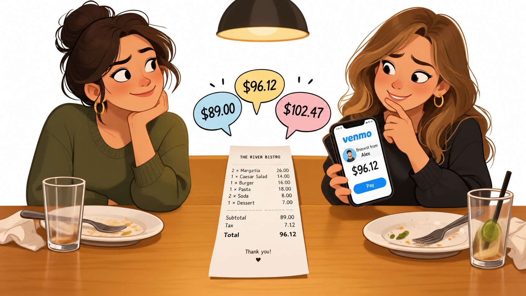 Two women sitting at a bistro table discussing a restaurant bill and a Venmo payment request.