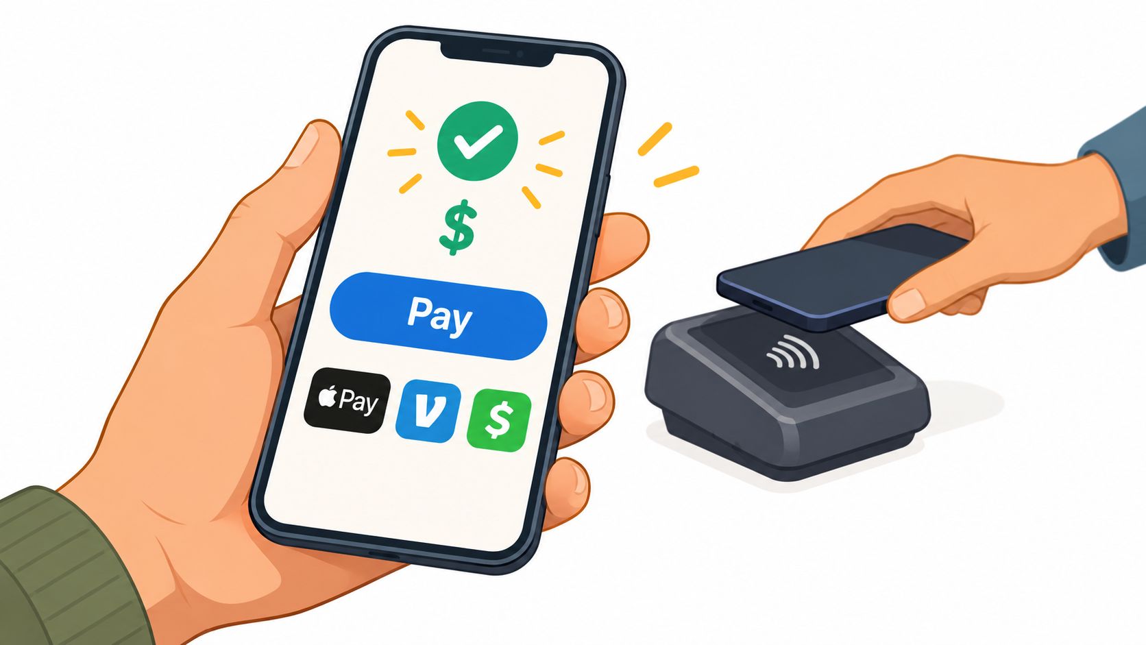 A hand holds a smartphone showing a successful payment screen while another phone pays at a terminal.