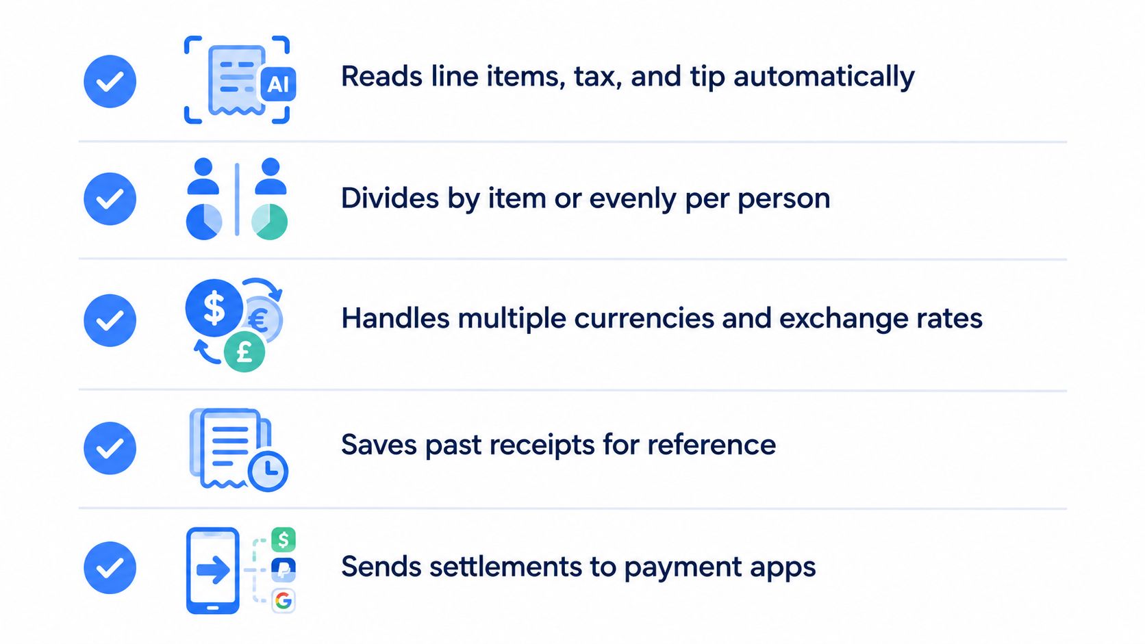 A list of five key features for a bill calculator app displayed with blue checkmark icons.