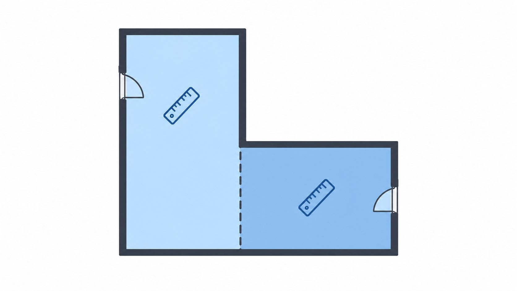 A simplified 2D architectural floor plan of an L-shaped room featuring two doors and measurement icons.