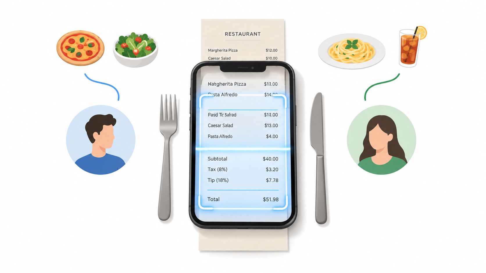 A smartphone scanning a restaurant bill to help split the costs between two people with their meals.