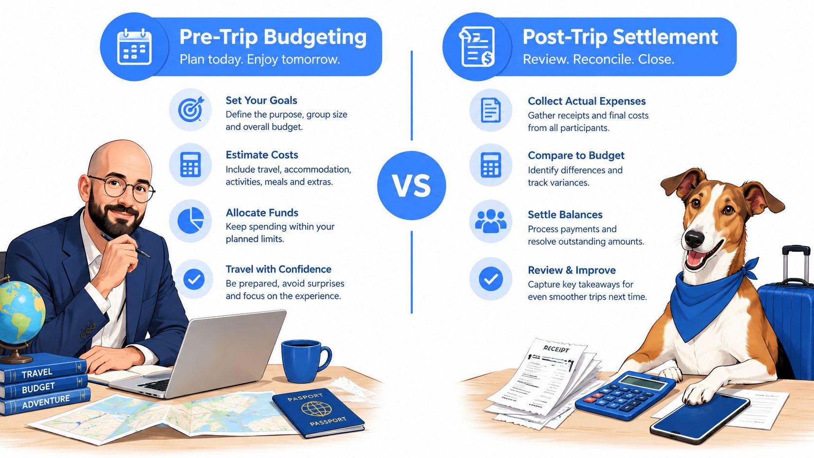 A professional man planning a trip alongside a dog reconciling expenses, illustrating travel budget management.