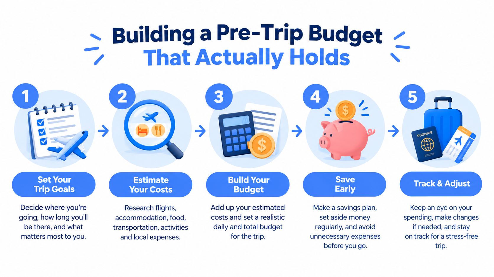An infographic showing five steps for building a travel budget to help plan for a trip.