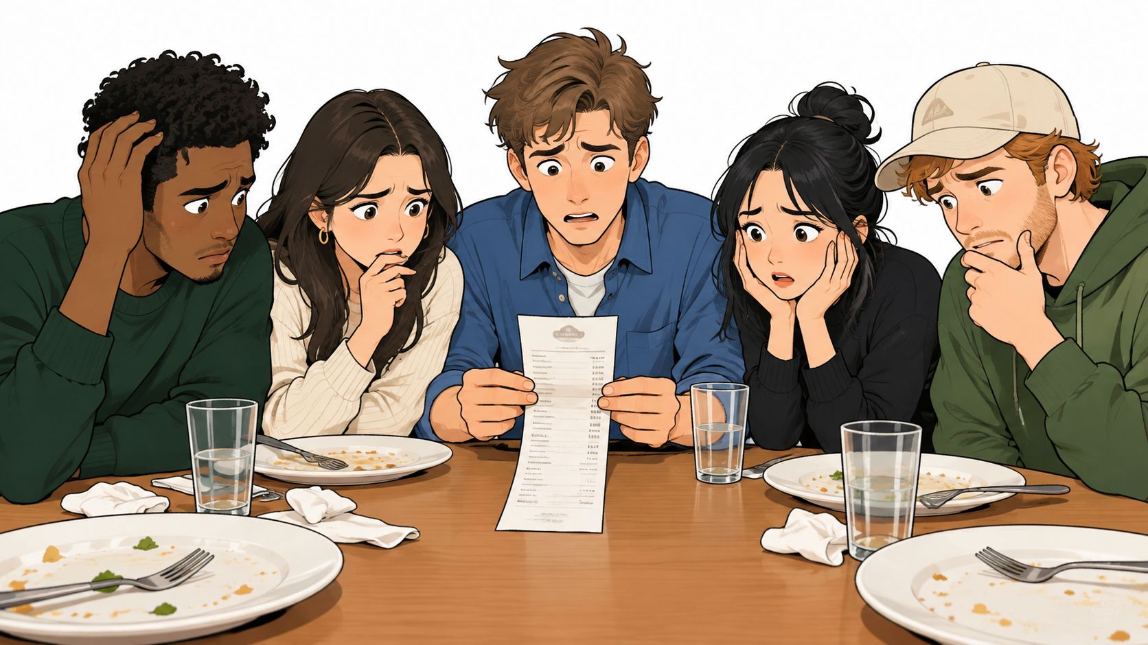 A group of friends looking shocked and worried while examining a restaurant bill at the table.