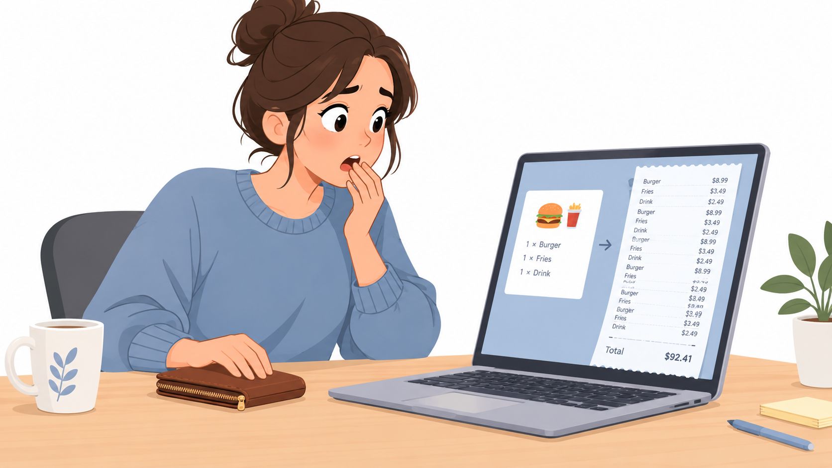 A surprised woman looking at a high food delivery receipt displayed on her laptop screen at home.