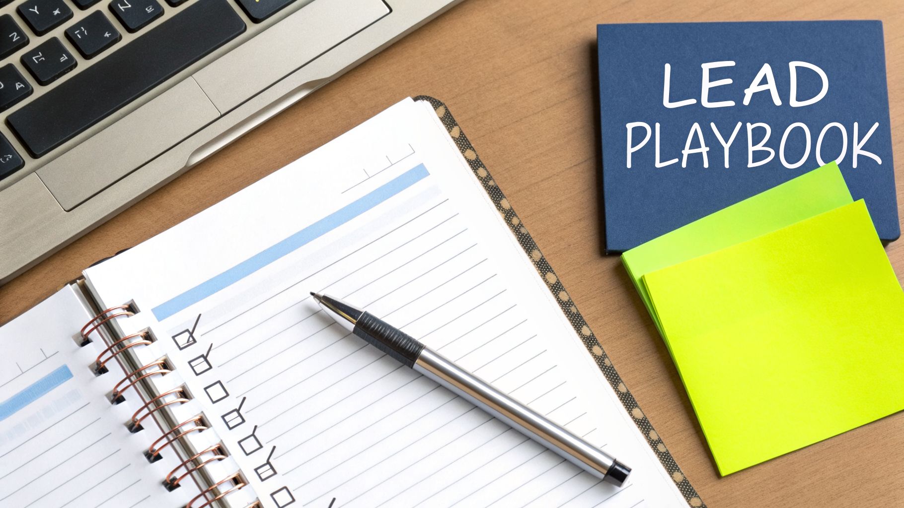 A flat lay of a desk with a laptop, checklist notebook, pen, 'LEAD PLAYBOOK', and sticky notes.