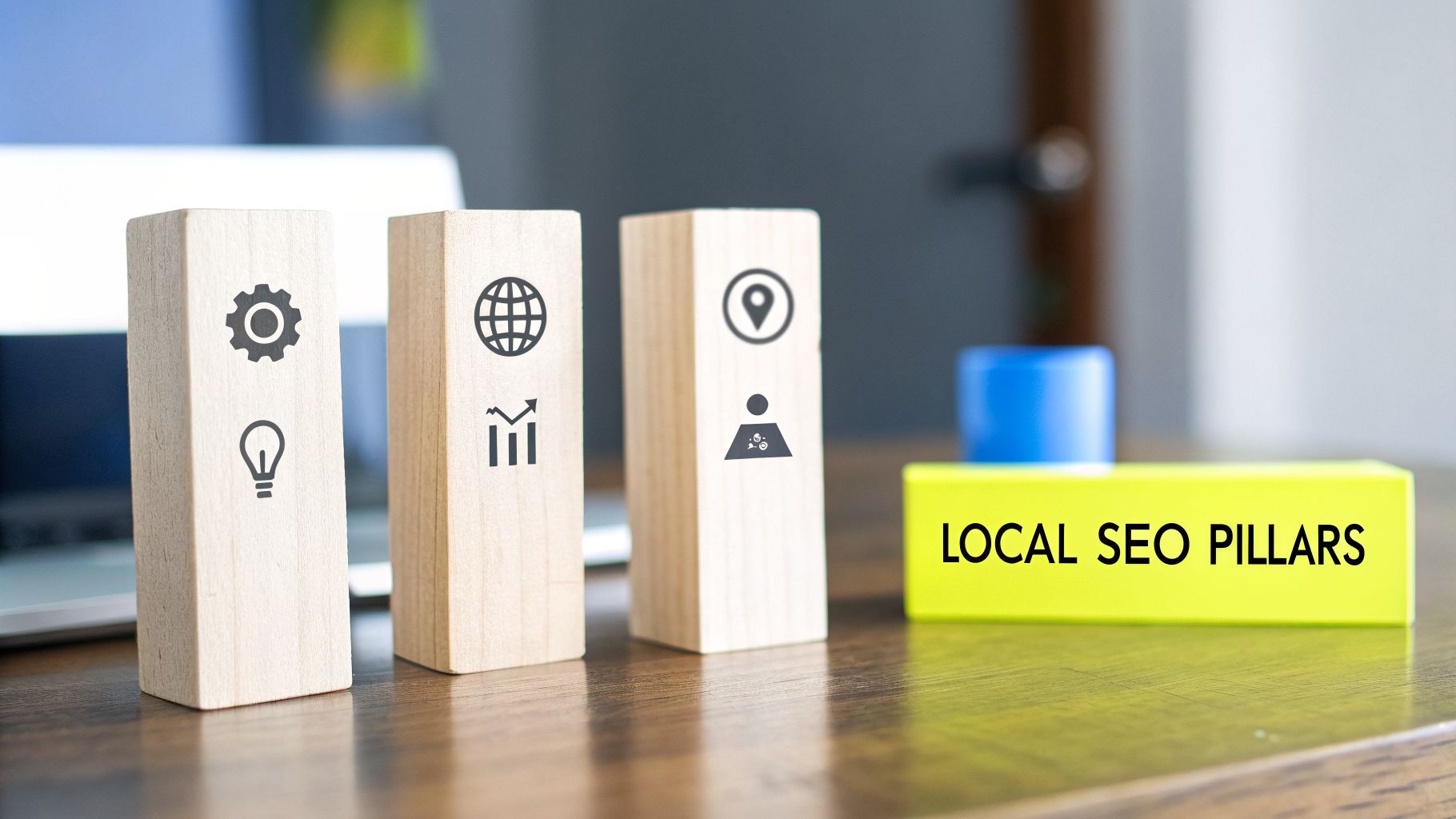 Three blocks with SEO icons and a yellow block stating 'Local SEO Pillars' on a wooden table.