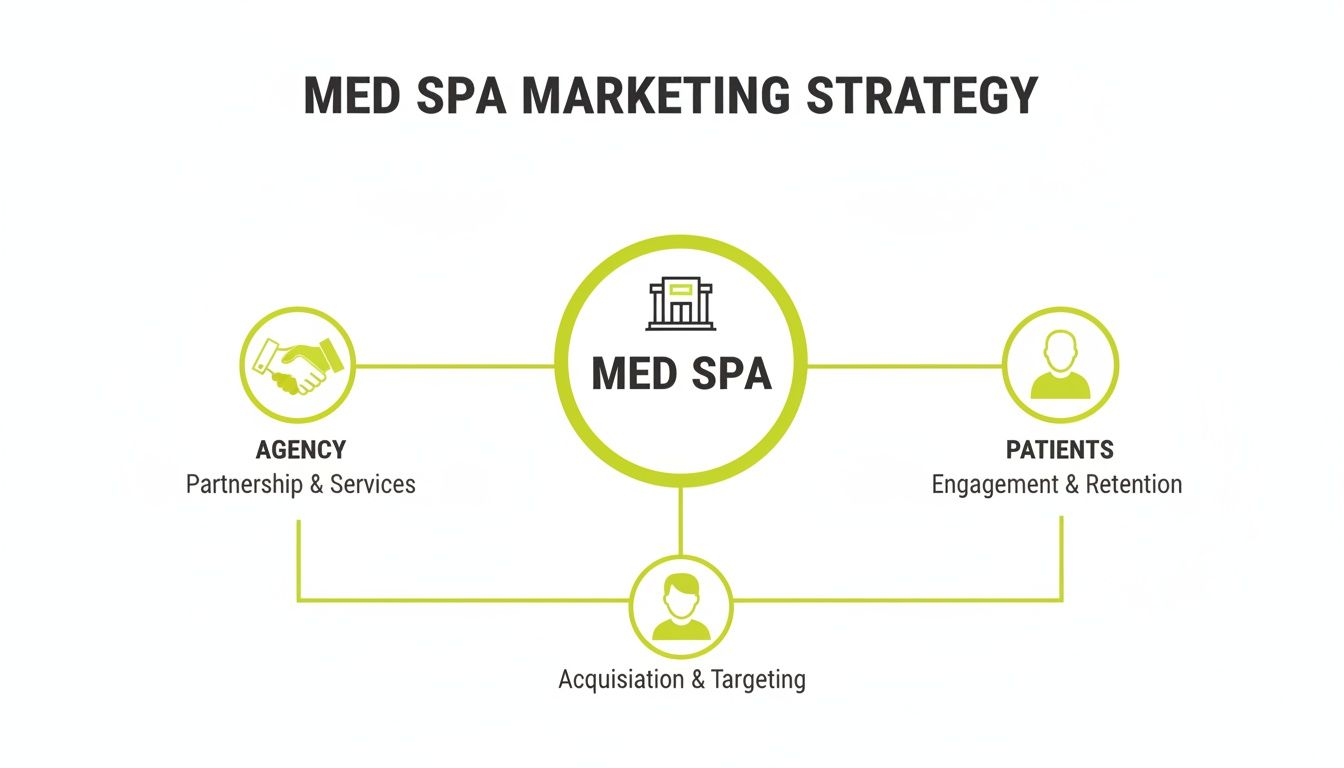 Diagram illustrating a Med Spa marketing strategy, connecting a central Med Spa to an agency, patients, and acquisition efforts.
