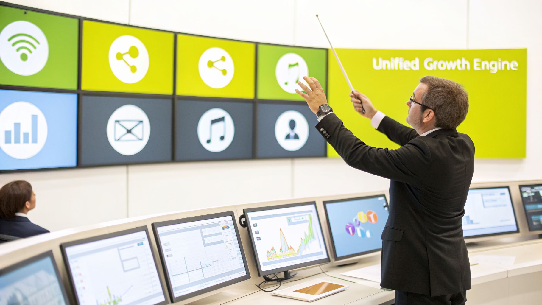 Man in suit presents data in a modern control room, pointing at a large video wall.
