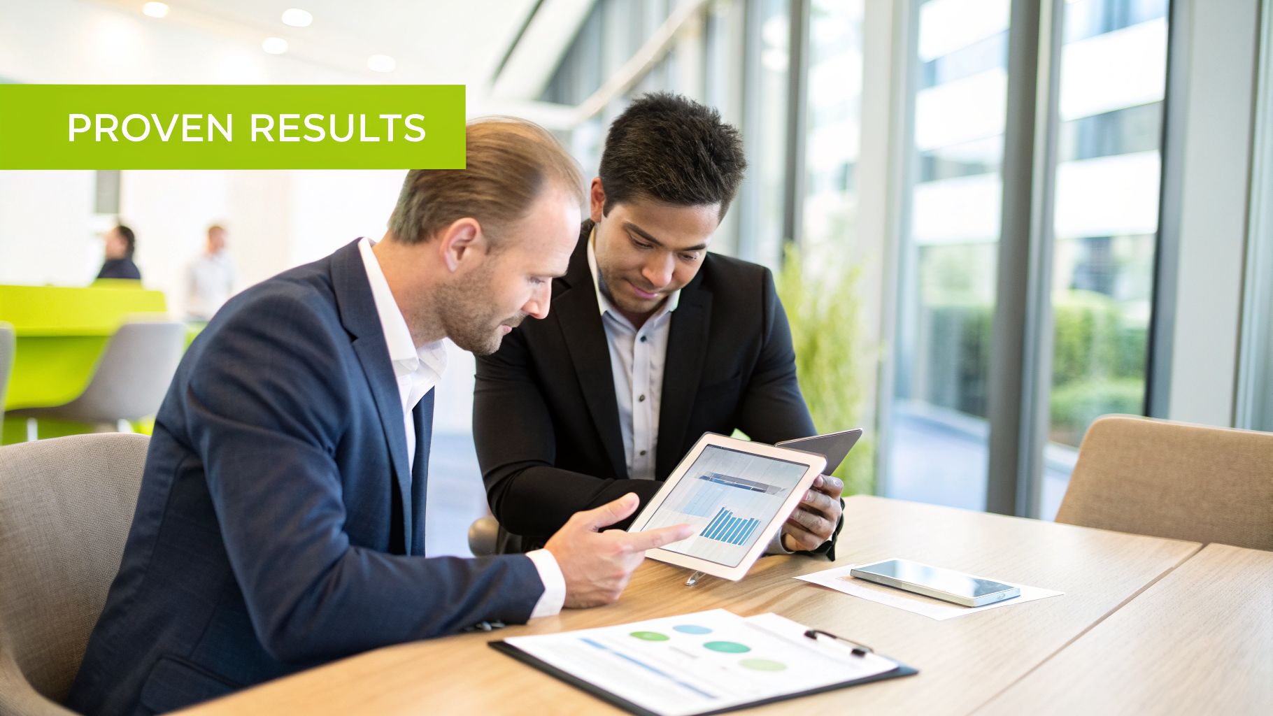 Two diverse businessmen analyze data on a tablet, discussing charts, graphs, and proven results in an office.